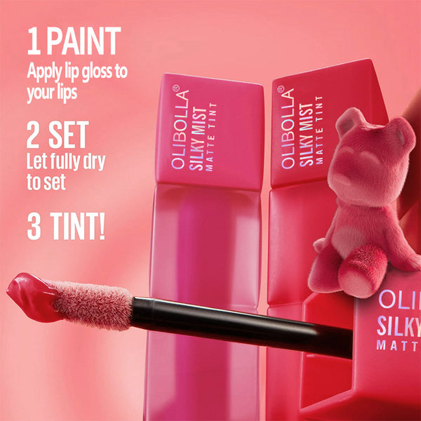 OLIBOLLA lip tint wand in a pink application-step graphic