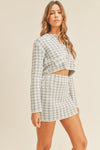 MABLE houndstooth cropped cardigan and mini skirt set, full-length front view