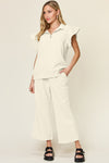 Double Take Texture Ruffle Short Sleeve Top and Drawstring Wide Leg Pants Set