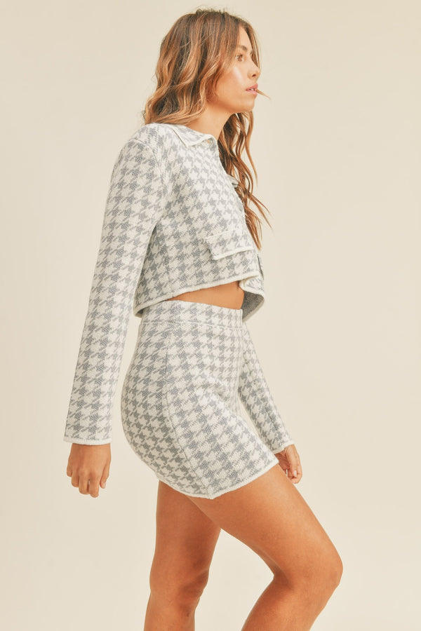 MABLE houndstooth cropped cardigan and mini skirt set, side view
