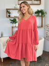 Double Take Full Size V-Neck Balloon Sleeve Tiered Dress with Pockets