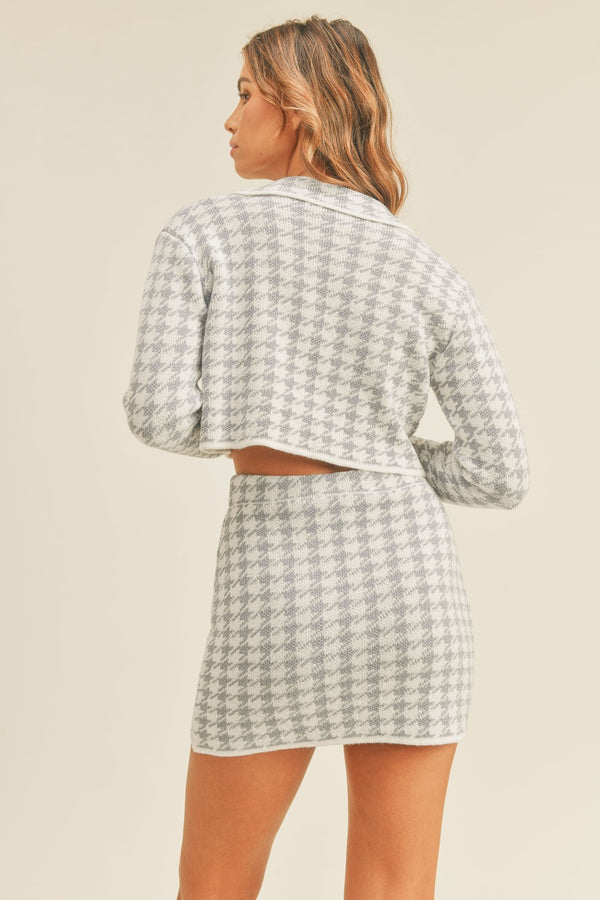 MABLE houndstooth cropped cardigan and mini skirt set, back view