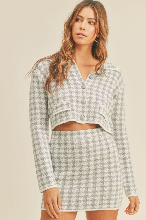 MABLE houndstooth cropped cardigan and mini skirt set, front view