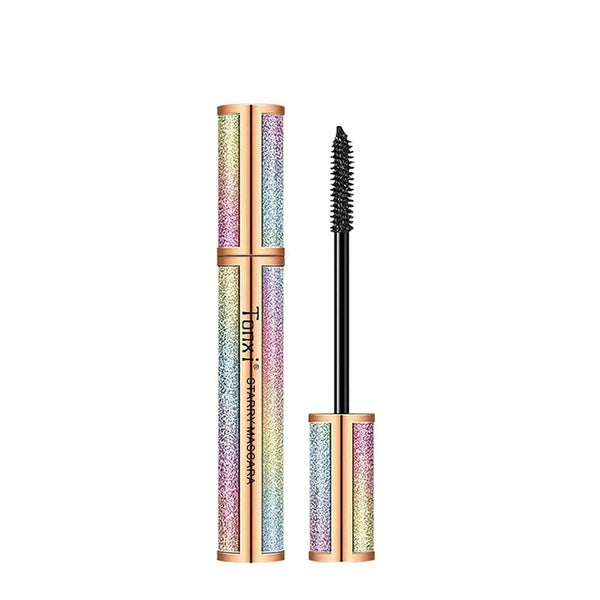 Multicolored mascara tube and wand on a white background