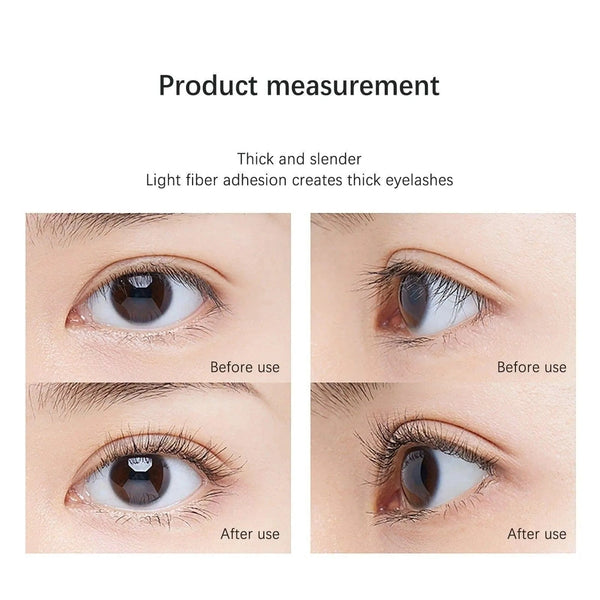 Four promotional eye photographs comparing lash appearance