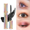 Closed and open multicolored mascara tubes beside three eye-makeup photographs