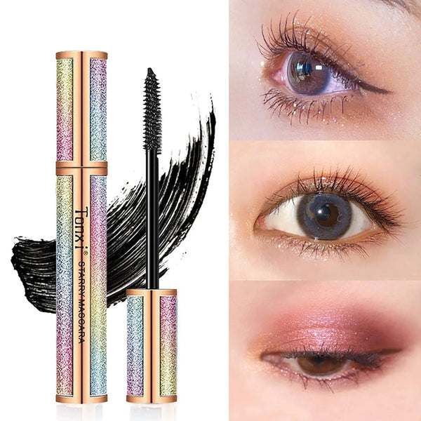 Closed and open multicolored mascara tubes beside three eye-makeup photographs