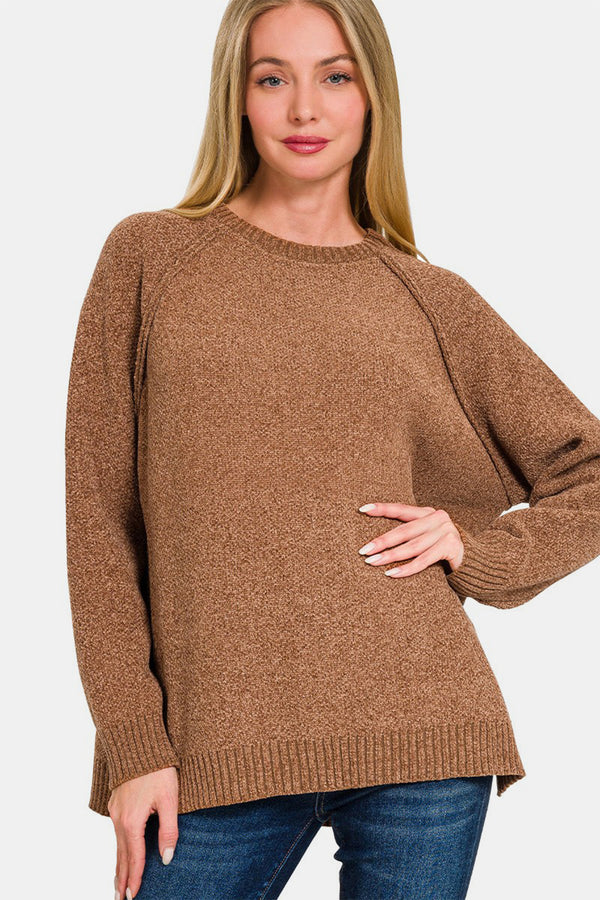 Zenana deep camel raglan sleeve sweater, front view