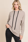 BOMBOM taupe knit hoodie with contrast drawstrings, front view showing rounded hem