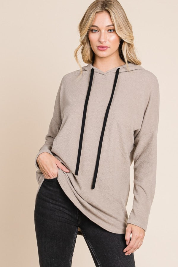 BOMBOM taupe knit hoodie with contrast drawstrings, front view showing rounded hem