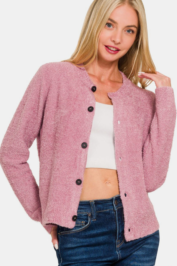 Zenana light rose button-down sweater cardigan, open front view