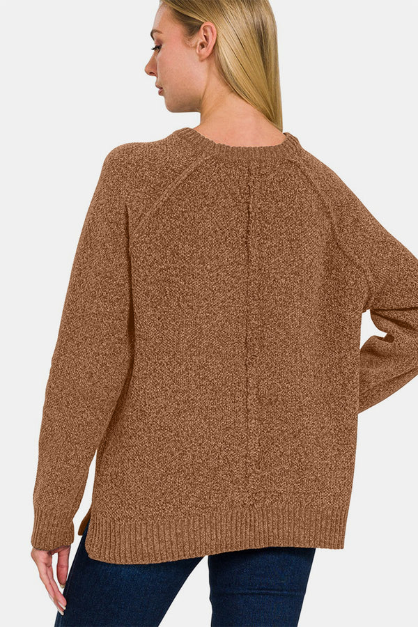 Zenana deep camel raglan sleeve sweater, back view
