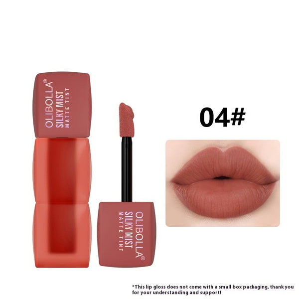 OLIBOLLA lip tint shade 04 beside a muted brown-rose lip swatch