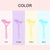 Pink, purple, yellow and blue makeup guides displayed in a row