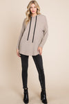 BOMBOM taupe knit hoodie with contrast drawstrings, full outfit view