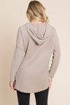 BOMBOM taupe knit hoodie with contrast drawstrings, back view showing hood