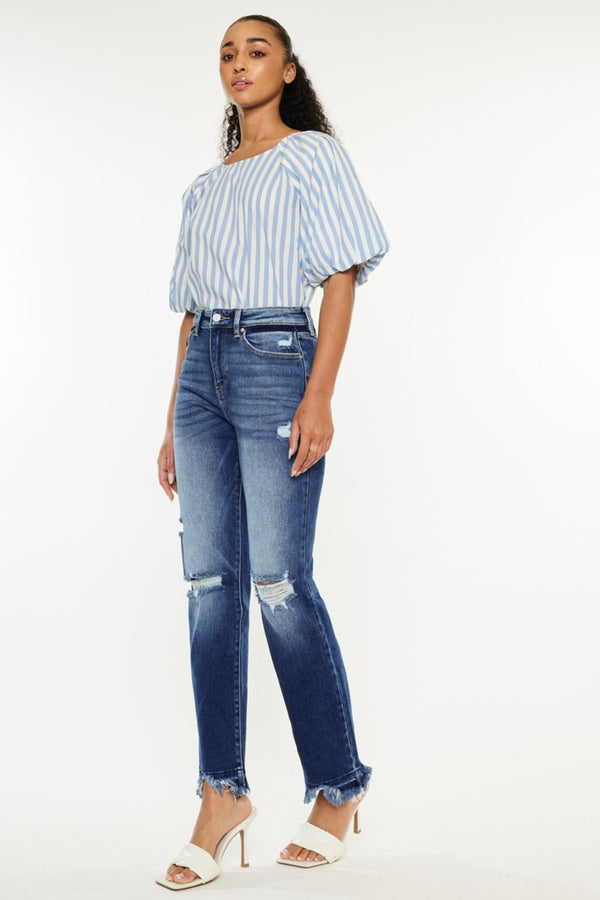 Kancan dark wash distressed slim straight jeans, angled front view