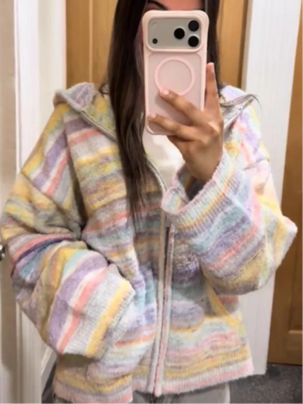 Pastel-striped zip-front knit hoodie, front view
