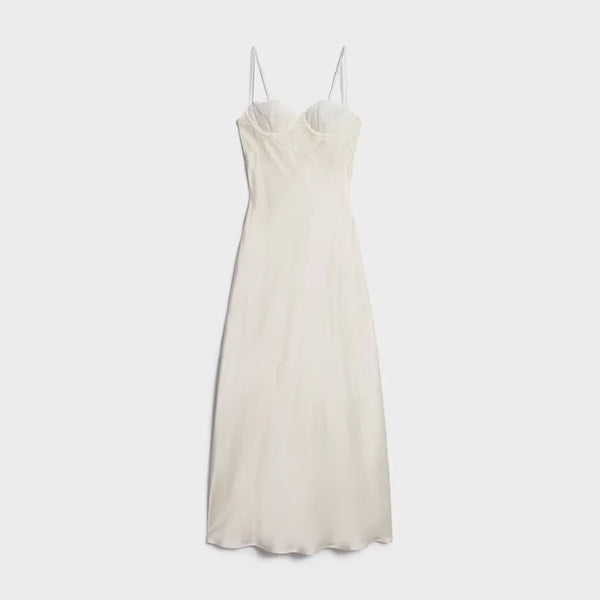 White lace-bodice maxi dress on a white background