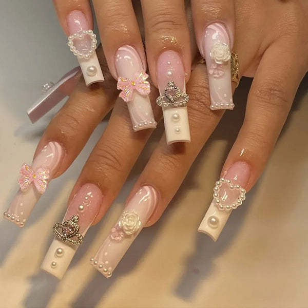 24pcs Artifical Bails With Glue Fake Nail Tips With Design Detachable Press On Nails Long Fake Nail Finished Nail Piece Sticker