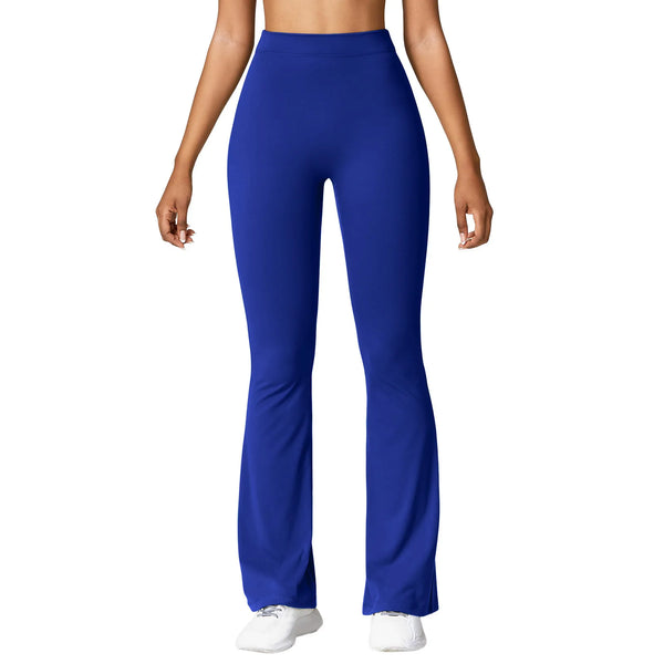 Blue flared leggings, front view