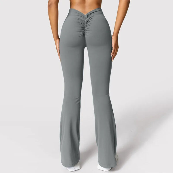 Gray flared leggings with a V-shaped back waist