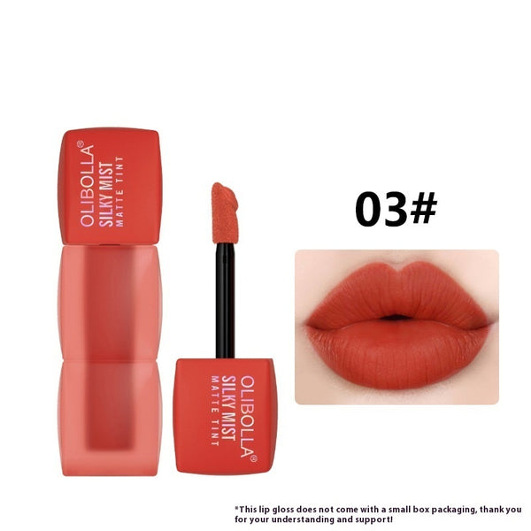 OLIBOLLA lip tint shade 03 beside a warm red lip swatch