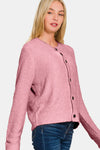 Zenana light rose button-down sweater cardigan, angled button-front view