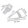 White skinfold caliper shown from several angles with printed dimensions