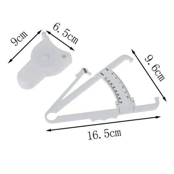 White skinfold caliper shown from several angles with printed dimensions