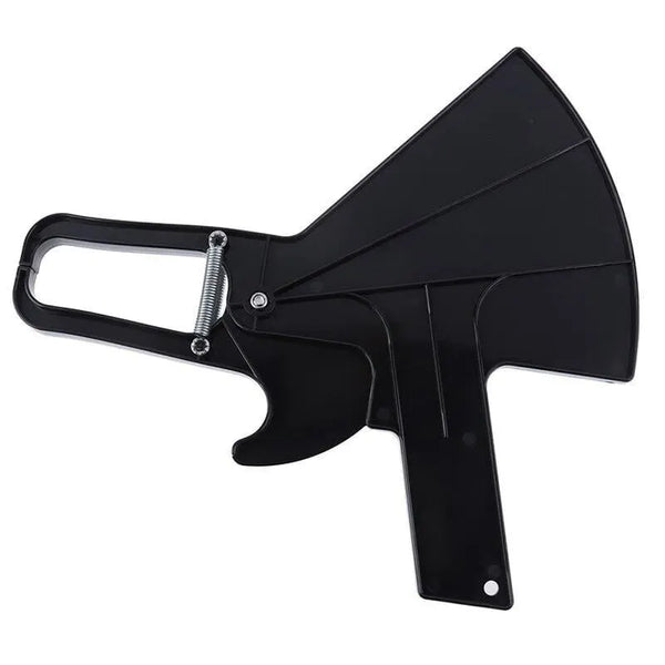 Back of a black skinfold caliper showing its spring and handle