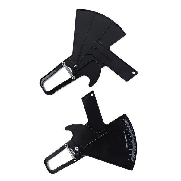 Two views of black skinfold calipers with measurement scales