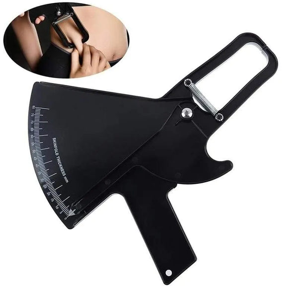 Black handheld skinfold caliper with an inset measuring demonstration