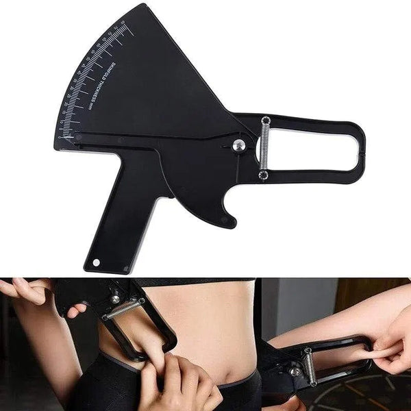Black skinfold caliper showing its curved measurement scale