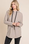 BOMBOM taupe knit hoodie with contrast drawstrings, angled front view