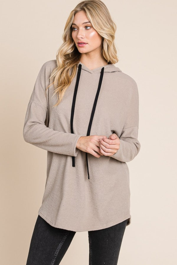 BOMBOM taupe knit hoodie with contrast drawstrings, angled front view