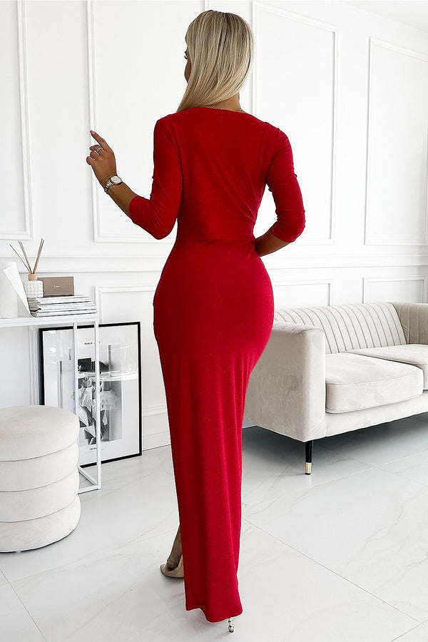 Women's Glitter Maxi Dress with Envelope Neckline and Leg Slit – Elegant Evening Wear