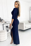 Women's Glitter Maxi Dress with Envelope Neckline and Leg Slit – Elegant Evening Wear