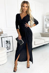 Women's Glitter Maxi Dress with Envelope Neckline and Leg Slit – Elegant Evening Wear