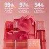 OLIBOLLA lip tint bottles beside a red bear-shaped prop and promotional percentages