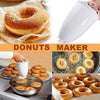 Collage of ring donuts and the manual batter dispenser in use