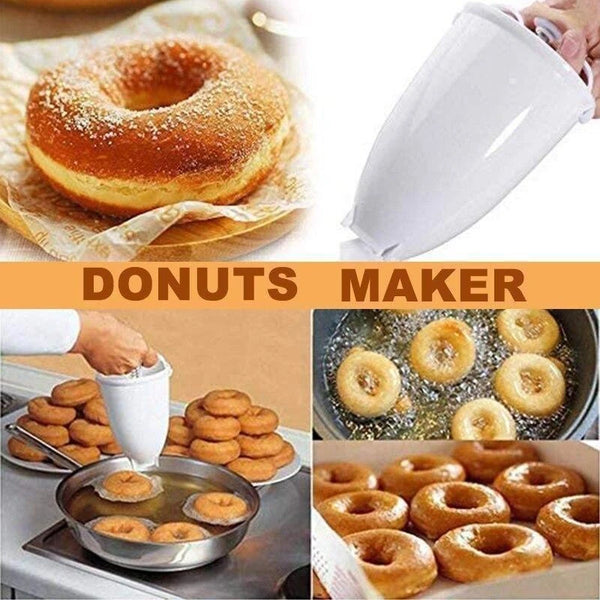 Collage of ring donuts and the manual batter dispenser in use