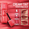 OLIBOLLA Silky Mist lip tint with three lip color examples on a red background