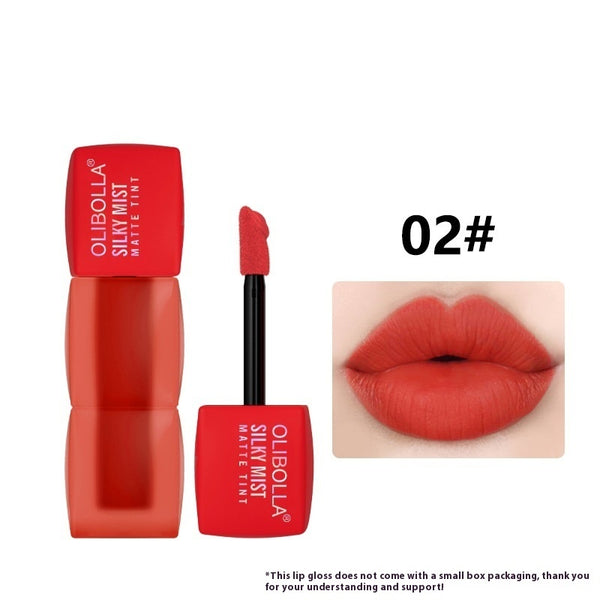 OLIBOLLA lip tint shade 02 beside a red lip swatch