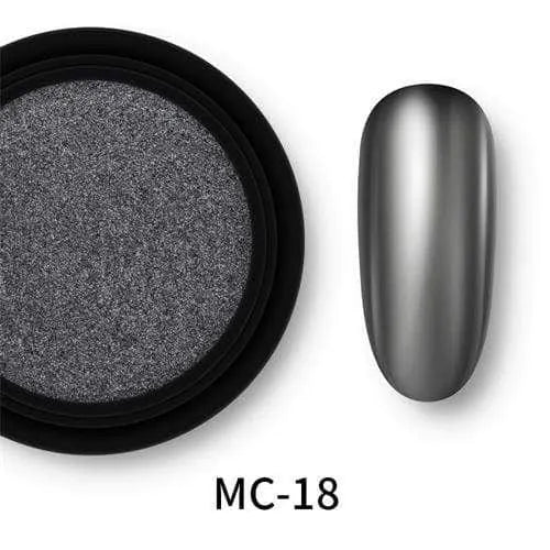 Dark gray chrome-effect nail pigment labeled MC-18 with a sample tip
