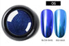 Blue chrome-effect nail pigment shade 06 with black-base and red-base samples