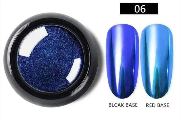 Blue chrome-effect nail pigment shade 06 with black-base and red-base samples
