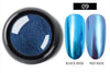Blue chrome-effect nail pigment shade 09 with black-base and red-base samples