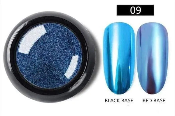 Blue chrome-effect nail pigment shade 09 with black-base and red-base samples