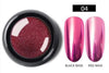 Pink chrome-effect nail pigment shade 04 with black-base and red-base samples